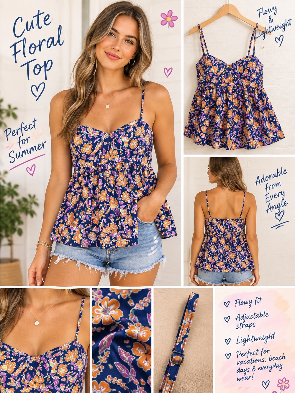 J.Crew Floral Camisole in Blue & Orange Size Small Like New